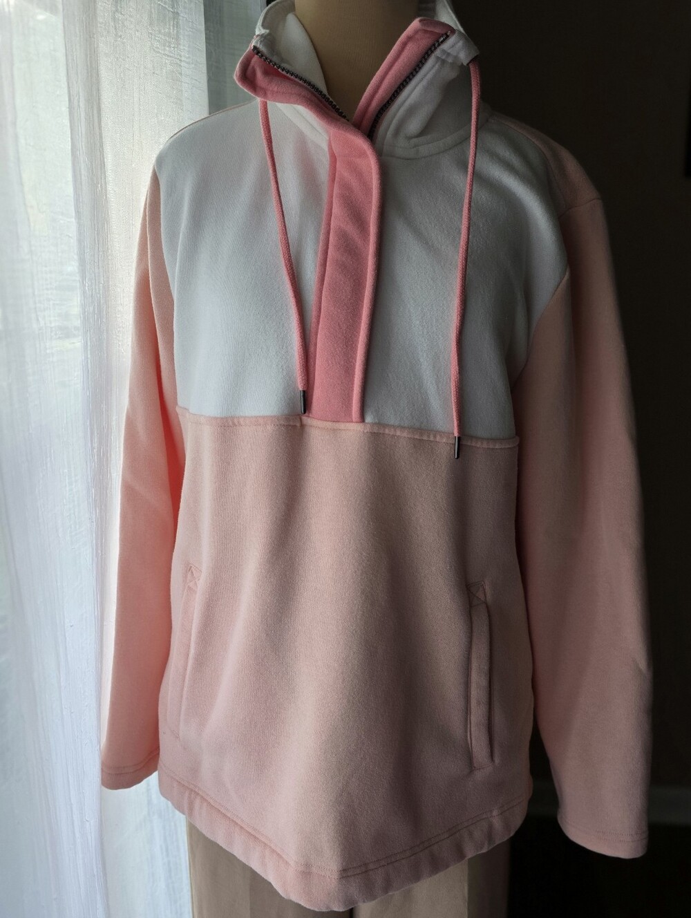 Vintage Style Pastel Pink Colorblock Fleece Quarter Zip Crop Hoodie M Soft Girl